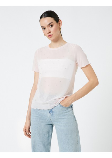 Transparan Tişört Taş Detaylı Kısa Kollu modelleri