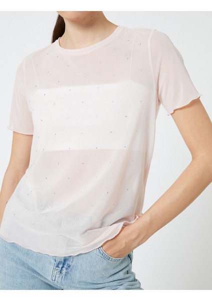 Transparan Tişört Taş Detaylı Kısa Kollu indirimleri