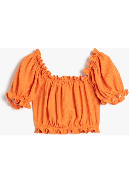 Crop Bluz Fırfırlı İşlemeli Önü Büzgülü Kısa Kollu fiyatları