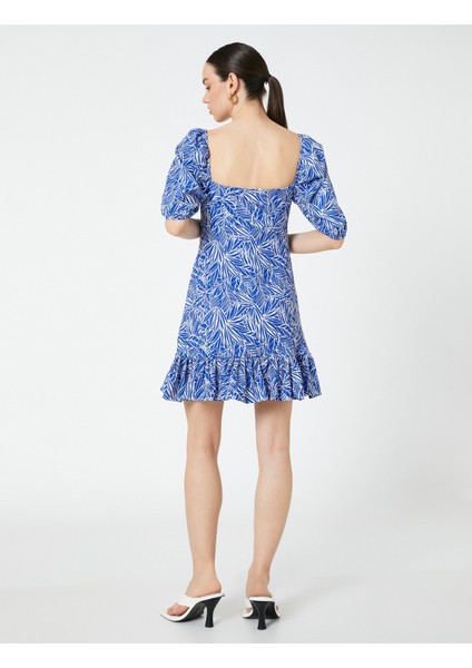 Tropikal Desenli Mini Elbise Kalp Yaka fırsatları