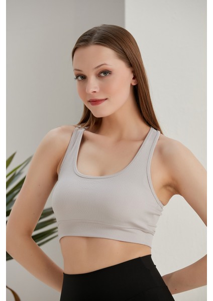 Kadın Crop Fitilli ve Hafif Destekli Kalın Askılı Spor Sütyeni
