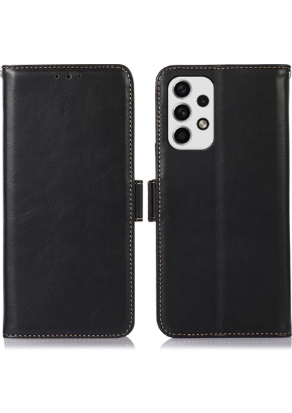 Samsung Galaxy A33 Için 5g Rfıd Engelleyen Orijinal Cowhide Deri Koruyucu Kabuk Yan Clasps Tasarım Çılgın At Doku Telefon Kılıfı Stand Cüzdanı (Yurt Dışından)