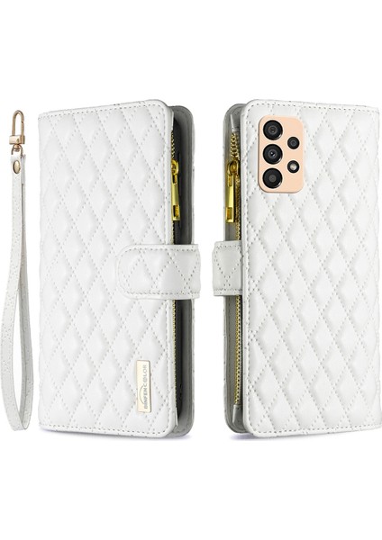 Samsung Galaxy A33 5g Bf Style-15 Için Binfen Renk Anti-Damla Fermuarlı Cep Pu Deri Telefon Kapağı Basılı Eşkenar Dörtgen Desen Mat Flip Case Stand (Yurt Dışından)
