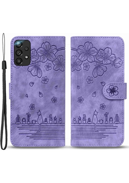 Samsung Galaxy A33 5g Anti-Fall Tam Kaplama Telefon Cüzdan Kılıfı Kiraz Çiçeği Kedi Baskılı Pu Deri Stand Flip Cover Strap ile (Yurt Dışından)