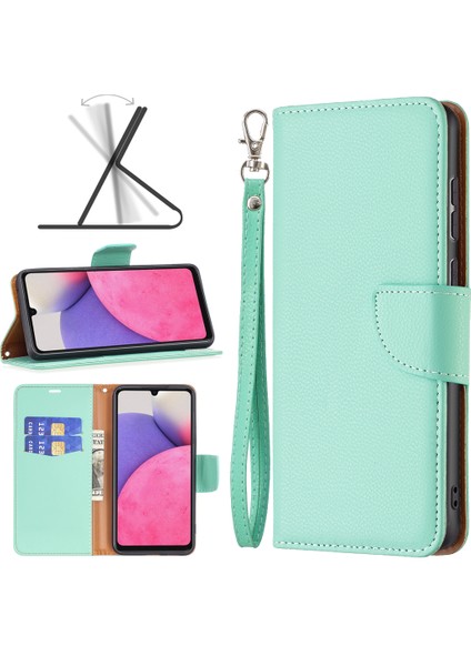 Samsung Galaxy A33 Için 5g 5g Litchi Doku Pu Deri Deri Telefon Kılıfı Cüzdan Düz Renk Anti-Fall Telefon Kapağı Kayış (Yurt Dışından)