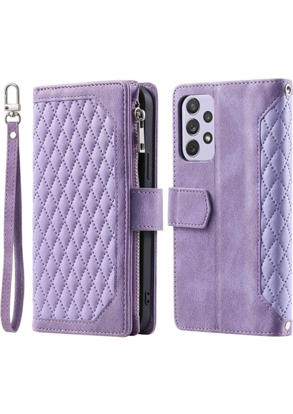 Samsung Galaxy A33 5g 005 Anti-Çizelge Karşıtı Rhombus Izgara Doku Pu Deri Fermuar Cep Stand Cüzdan Telefon Kılıfı Kabuğu (Yurt Dışından)