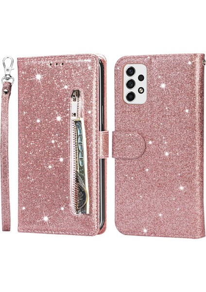 Samsung Galaxy A33 Için 5g Glittery Pu Deri Kılıf Stand Cüzdan Tasarımı Zipper Cep Telefonu Kabuğu Kayışlı (Yurt Dışından)