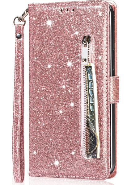 Samsung Galaxy A33 Için 5g Glittery Pu Deri Kılıf Stand Cüzdan Tasarımı Zipper Cep Telefonu Kabuğu Kayışlı (Yurt Dışından)