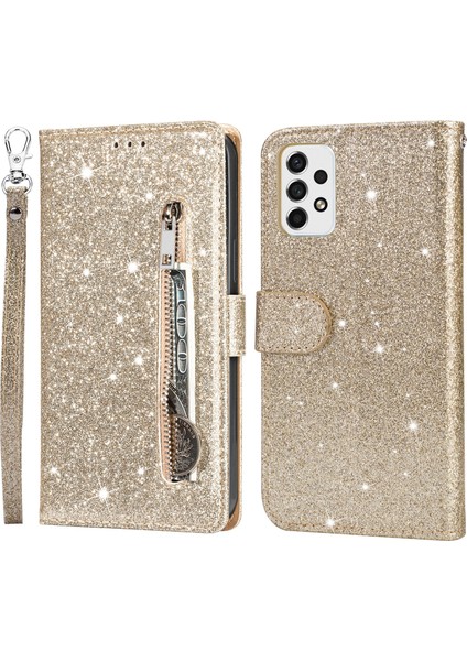 Samsung Galaxy A33 Için 5g Glittery Pu Deri Kılıf Stand Cüzdan Tasarımı Zipper Cep Telefonu Kabuğu Kayışlı (Yurt Dışından)