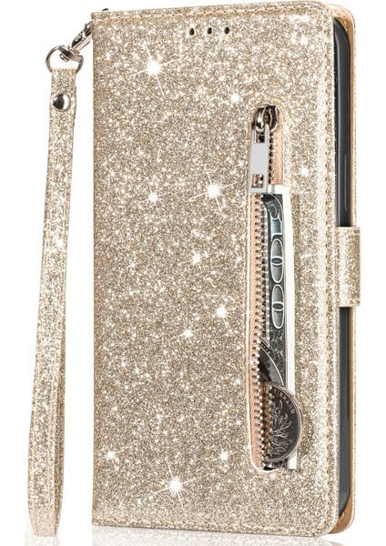 Samsung Galaxy A33 Için 5g Glittery Pu Deri Kılıf Stand Cüzdan Tasarımı Zipper Cep Telefonu Kabuğu Kayışlı (Yurt Dışından)