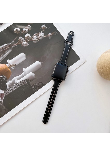 Düz Doku Deri Kayış Için Apple Watch 7 45MM/44MM/42MM (Yurt Dışından)