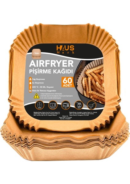 HAUSMARK Airfryer Pişirme Kağıdı 60 Adet 16CM Kare Yağsız Hava Fritözü Yağlı Air Fryer Kagit Philips Tefal Mi