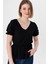 Kadın Beli Kolu Lastik Detaylı V Yaka Kısakol Bluz 1