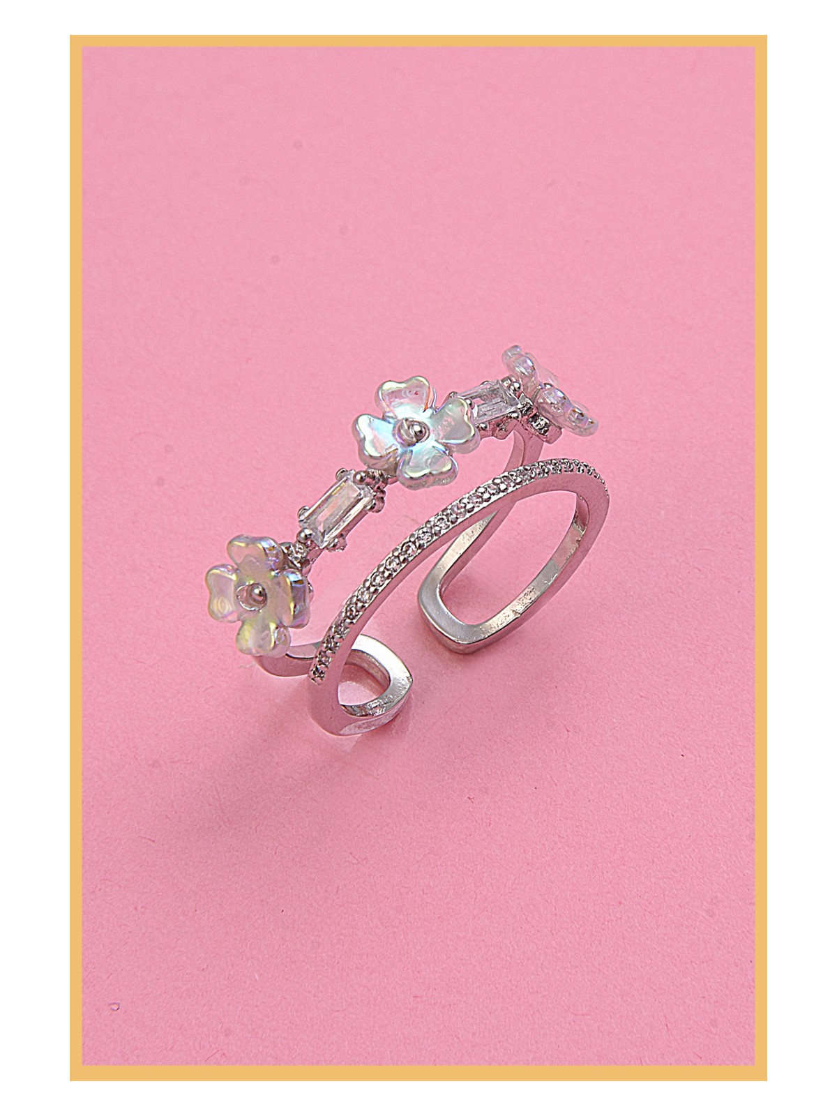 Aurrari Kadın 925K Gümüş Kaplama Zirkon&sedef Taşlı Çiçek Motifli Ayarlanabilir Çelik Yüzük (Exclusive)