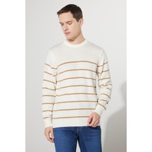 Altınyıldız Classics Erkek Ekru-karamel Standart Fit Normal Kesim Bisiklet Yaka Çizgili Triko Kazak