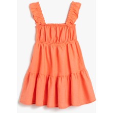 Koton Keten Elbise Fırfırlı Askılı Kare Yaka