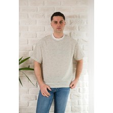 Akçaylar Oversize Çizgili Bisiklet Yaka Keten Yazlık T-Shirt