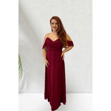 Bordo Şifon Drape Detay Uzun Abiye