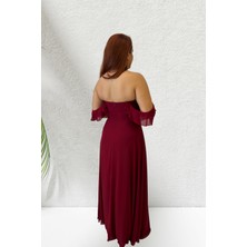 Bordo Şifon Drape Detay Uzun Abiye