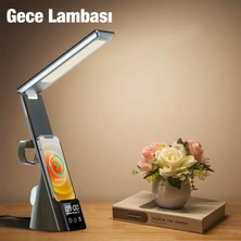 Kamardey Dijital Saatli 15W Kablosuz Şarjlı LED Işıklı Katlanabilir Masa Lambası