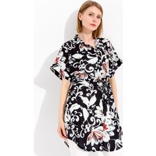 Desen Triko Kadın Beli Bağcıklı Cepli Uzun Gömlek Siyah