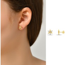 Dkmn Silver Çiçek Desenli Taşlı Küpe Kadın Gümüş Küpe