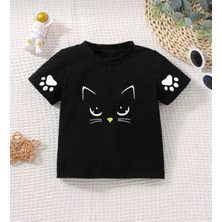 Kids Face Bisiklet Yaka Sevimli Kedicik Baskılı Pamuk Oversize Kız Çocuk T-Shirt