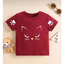 Kids Face Bisiklet Yaka Kedicik Pati  Baskılı Pamuk Oversize Kız Çocuk T-Shirt