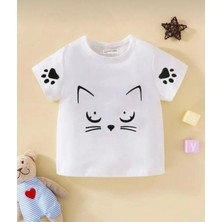 Kids Face Bisiklet Yaka Kedicik Pati Baskılı Oversize Kız Çocuk T-Shirt