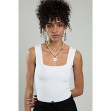 sifu tekstil Beyaz Renkli Kare Yaka Kadın Spor Askılı Triko Atlet Crop Top Bluz SFYZ1001