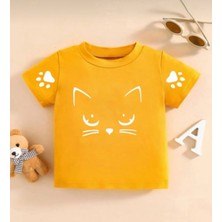 KİDS FACE Özel Tasarım Bisiklet Yaka Kedicik Pati Baskılı %100 Pamuk Oversize Kız Çocuk T-Shırt