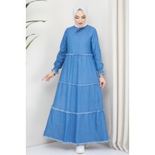 Hafsa Mina Önü Bağcık Detaylı Kot Elbise Açık Mavi