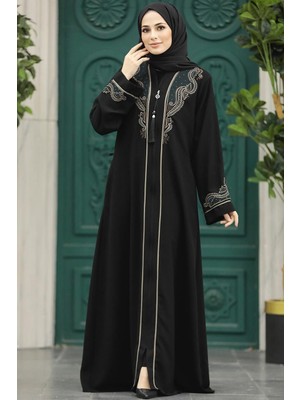 Neva Style - Desenli Fermuarlı Tesettür Abaya 41565DSN2