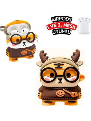 Ewec Airpods 1. ve 2. Nesil Uyumlu Gözlüklü Kaplan Figürlü Sevimli Koruyucu Silikon Kılıf