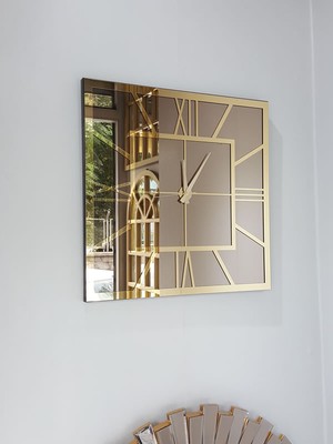 Ayna Denizi Golden Quare Bronze Model Altın Bronz Renk 60 Cm x 60 Cm Dekoratif Aynalı Duvar Saati