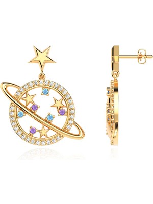 İndigo Takı Ametist Aqua Taşlı Gezegen Altın Kaplama Gümüş Küpe