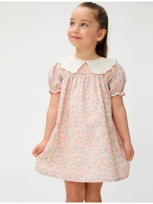 Koton Elbise Çiçekli Geniş Bebe Yaka Kısa Kollu Pamuklu