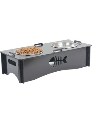 Starlightning Ahşap Kedi Mama Kabı Standı Siyah Premium Boyalı Paslanmaz Çelik Kaseli Balıklı Model