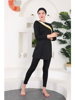 Deniz Mayo Sarı/beyaz Garnili Tam Kapalı Sarı Tesettür Mayo1