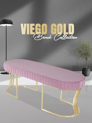 Gazzini Furniture Viego Gold Striped Bench Lüks Metal Gold Ayak, Chester Model Yatak Ucu Pembe Puf