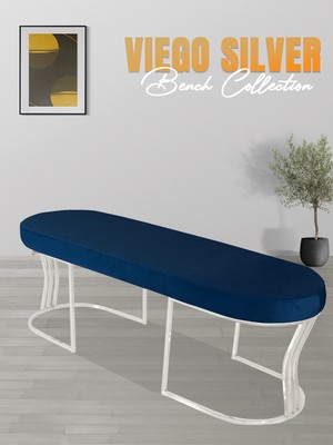 Gazzini Furniture Viego Silver Smooth Bench Lüks Metal Gümüş Ayak, Chester Model Yatak Ucu Mavi Puf