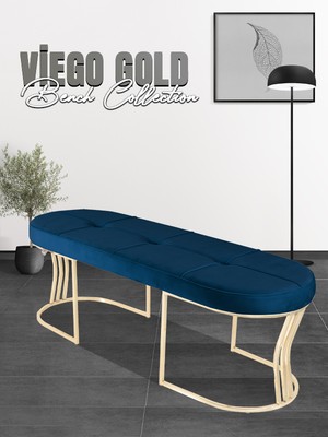 Gazzini Furniture Viego Gold Exclusive Bench Lüks Metal Gold Ayak, Chester Model Yatak Ucu Mavi Puf