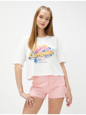 Koton Crop Tişört Baskılı Bisiklet Yaka Kısa Kollu Pamuklu