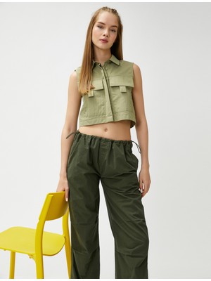 Koton Crop Gömlek Kolsuz Büyük Cep Detaylı Düğmeli