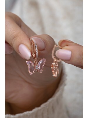 Nereze 925 Ayar Gümüş Pembe Taşlı Sallantılı Kelebek Küpe