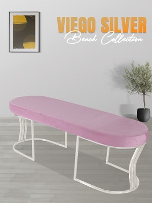Gazzini Furniture Viego Silver Smooth Bench Lüks Metal Gümüş Ayak, Chester Model Yatak Ucu Pembe Puf