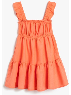 Koton Keten Elbise Fırfırlı Askılı Kare Yaka