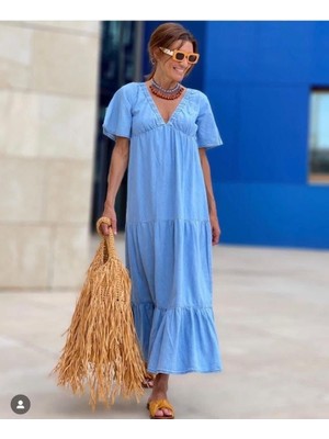 Bellazon Kadın Parça Detay V Yaka Kot Elbise