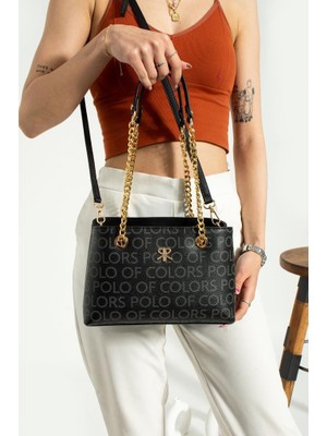 Impolo Lorin Siyah Empirme Baskı Kadın Omuz Çantası 18X26 Ebat
