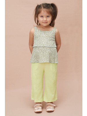 Cansın Mini Kız Çocuk Yeşil Çiçekli Askılı Bluzlu Pantolonlu Takım 15146